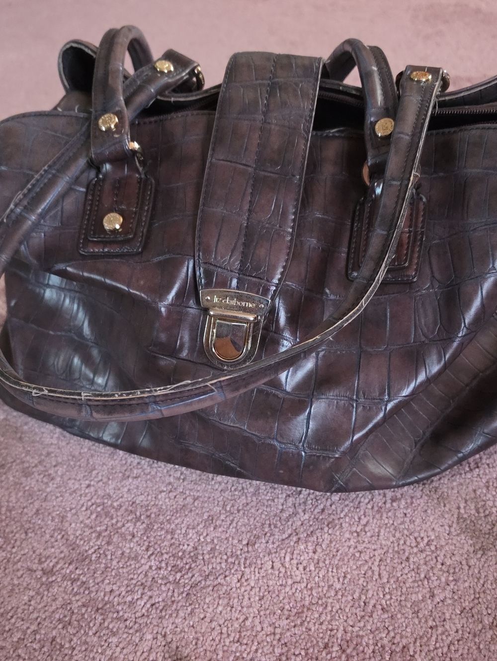 Liz Claiborne Dark Brown Croc-Embossed Tote with Gold Hardware